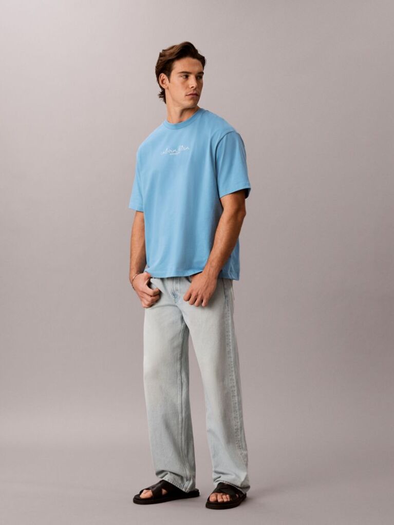 Albastru Tricou Cu Guler Rotund Si Logo Grafic  Barbati