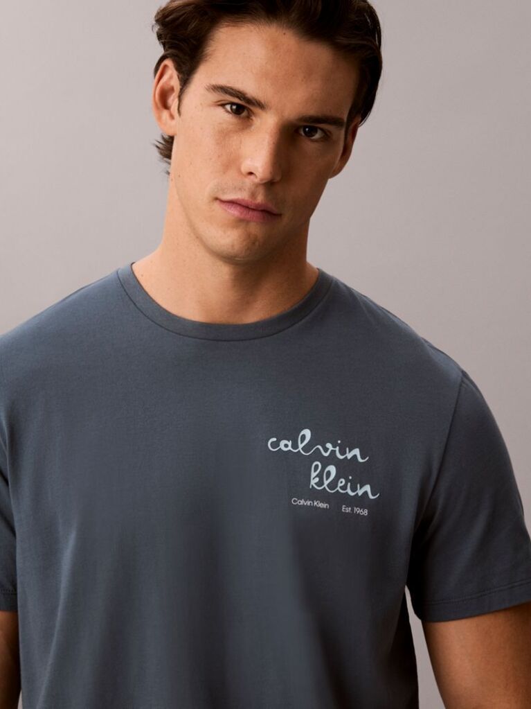 Albastru Tricou Cu Guler Rotund Si Logo Grafic  Barbati