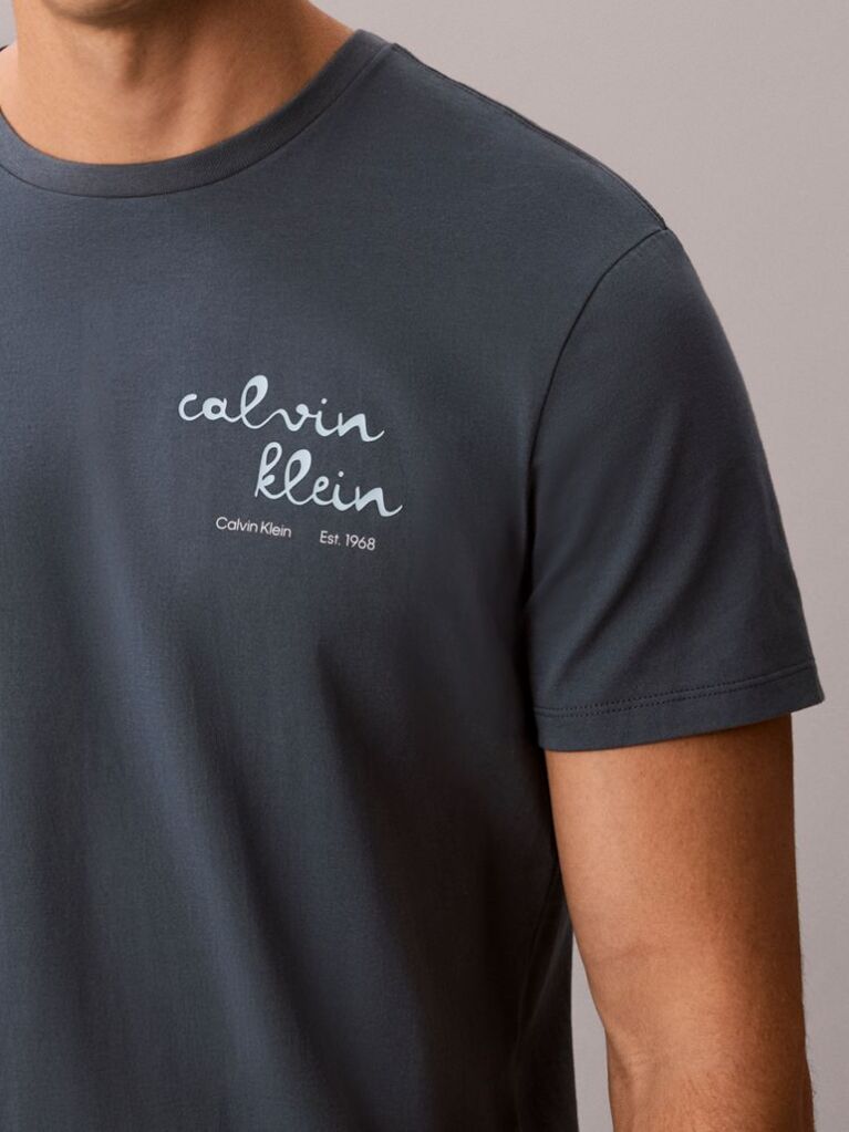 Albastru Tricou Cu Guler Rotund Si Logo Grafic  Barbati