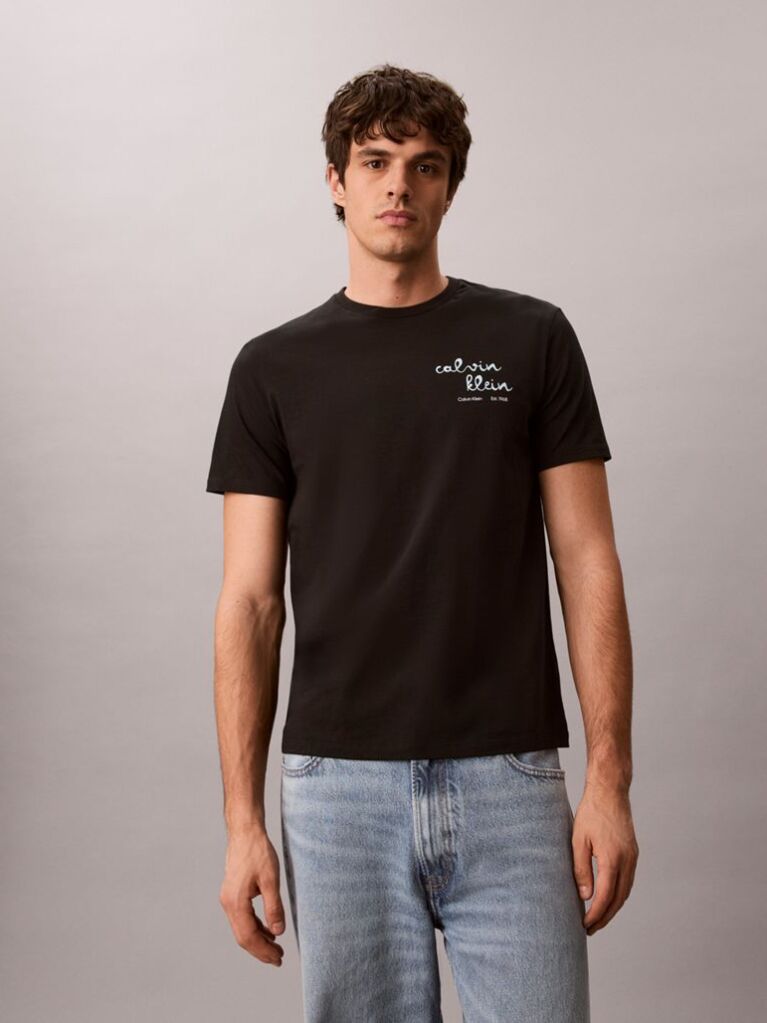Negru Tricou Cu Guler Rotund Si Logo Grafic  Barbati
