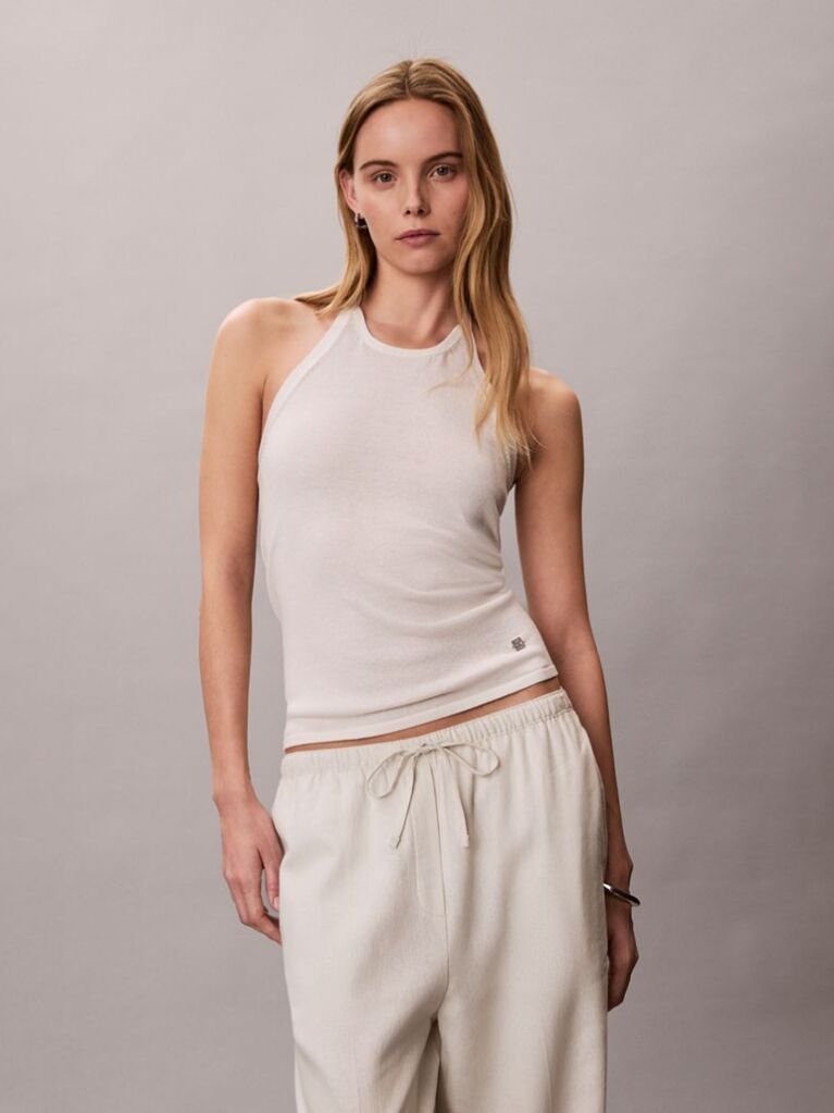 Alb Top Halter-Neck Din Amestec De In  Femei
