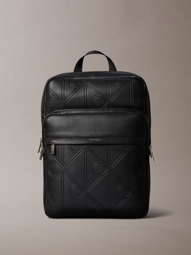 Black Embossed Logo Dome Backpack  Men