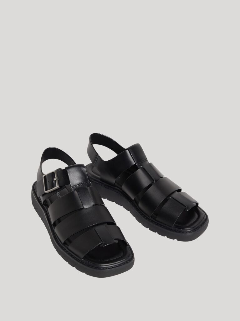 Black Square Toe Fisherman Sandals With Leather  Women