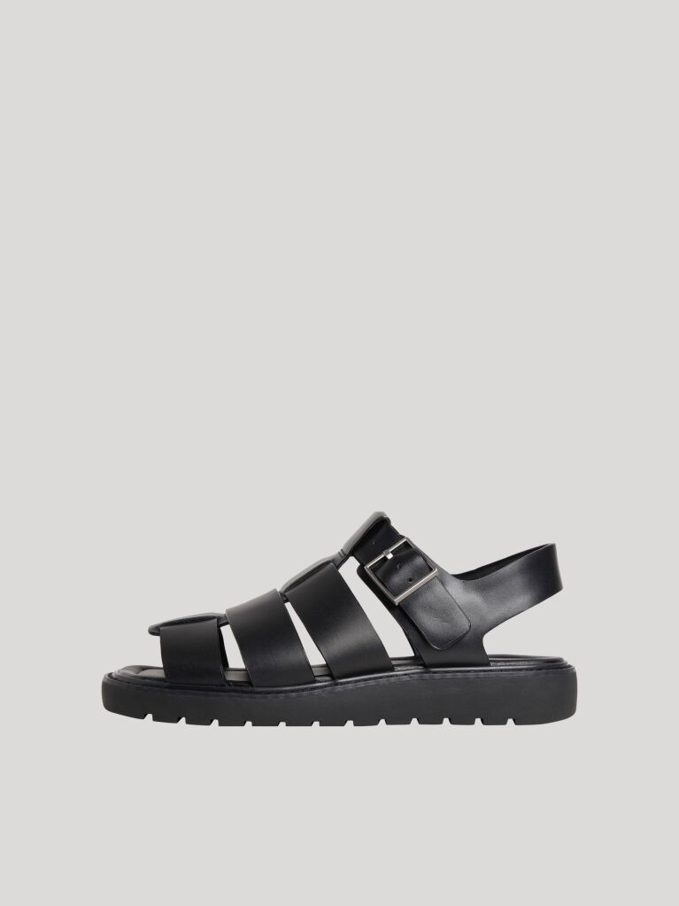 Black Square Toe Fisherman Sandals With Leather  Women
