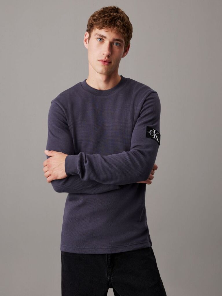 Negru Tricou Mulat Din Material Waffle Cu Maneca Lunga  Barbati