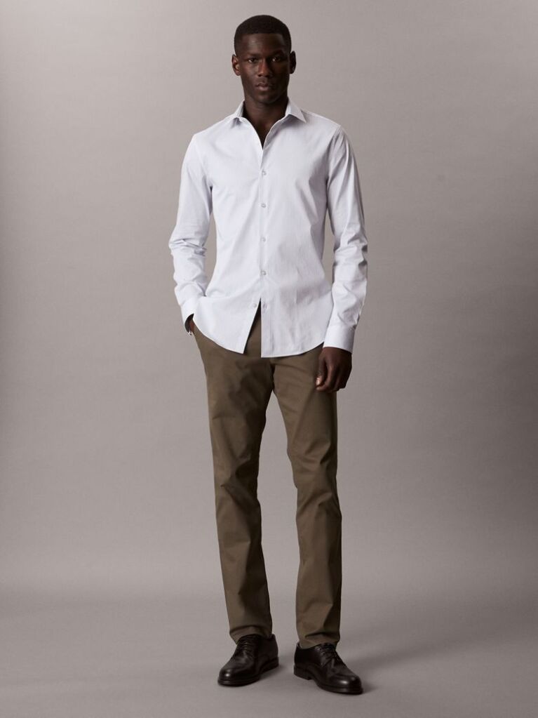 Albastru Camasa Slim Fit Din Bumbac Elastic Cu Dungi  Barbati