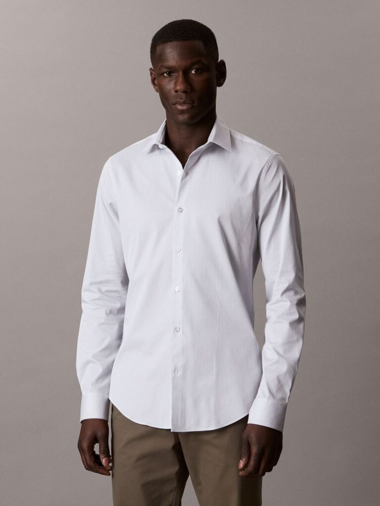Albastru Camasa Slim Fit Din Bumbac Elastic Cu Dungi  Barbati