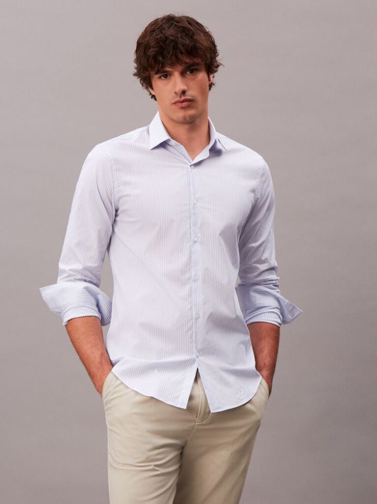 Albastru Camasa Slim Din Poplin De Bumbac In Dungi  Barbati