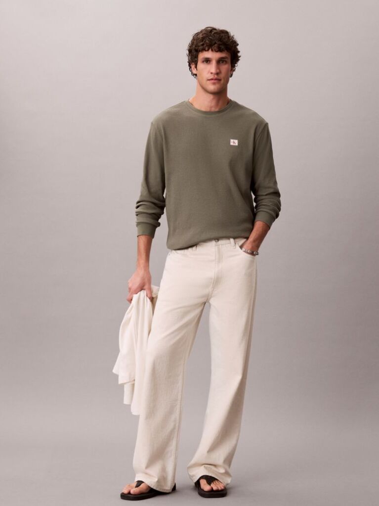 Verde Bluza Cu Maneca Lunga Si Textura Waffle  Barbati