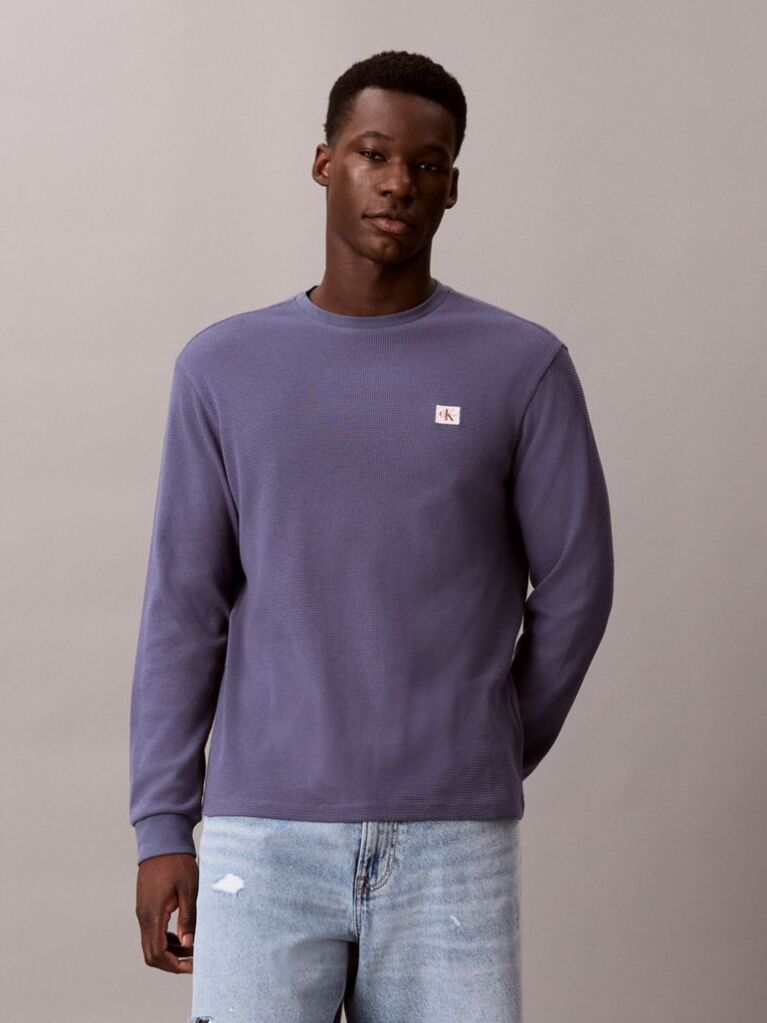 Albastru Bluza Cu Maneca Lunga Si Textura Waffle  Barbati