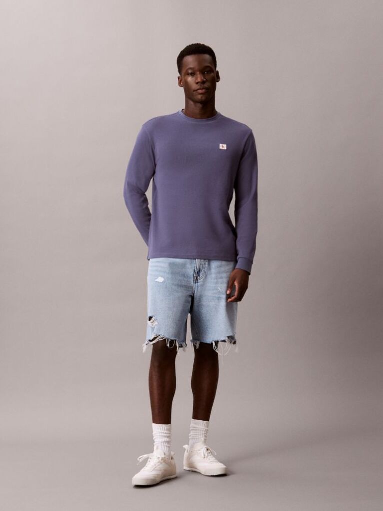 Albastru Bluza Cu Maneca Lunga Si Textura Waffle  Barbati