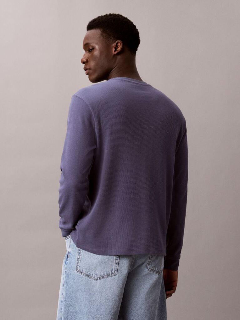 Albastru Bluza Cu Maneca Lunga Si Textura Waffle  Barbati