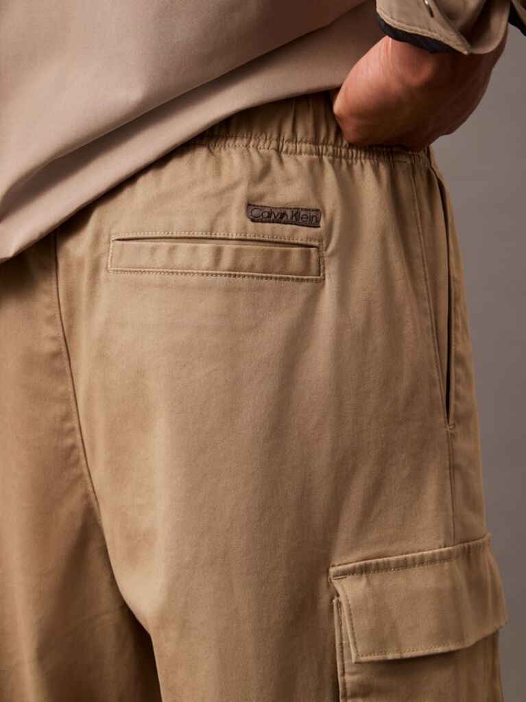 Khaki Cotton Stretch Straight Fit Cargo Trousers  Men