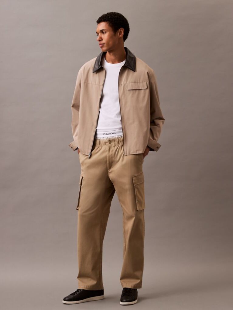 Khaki Cotton Stretch Straight Fit Cargo Trousers  Men