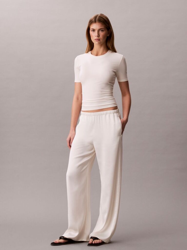 Alb Pantaloni Din Satin Cu Textura Hammered  Femei