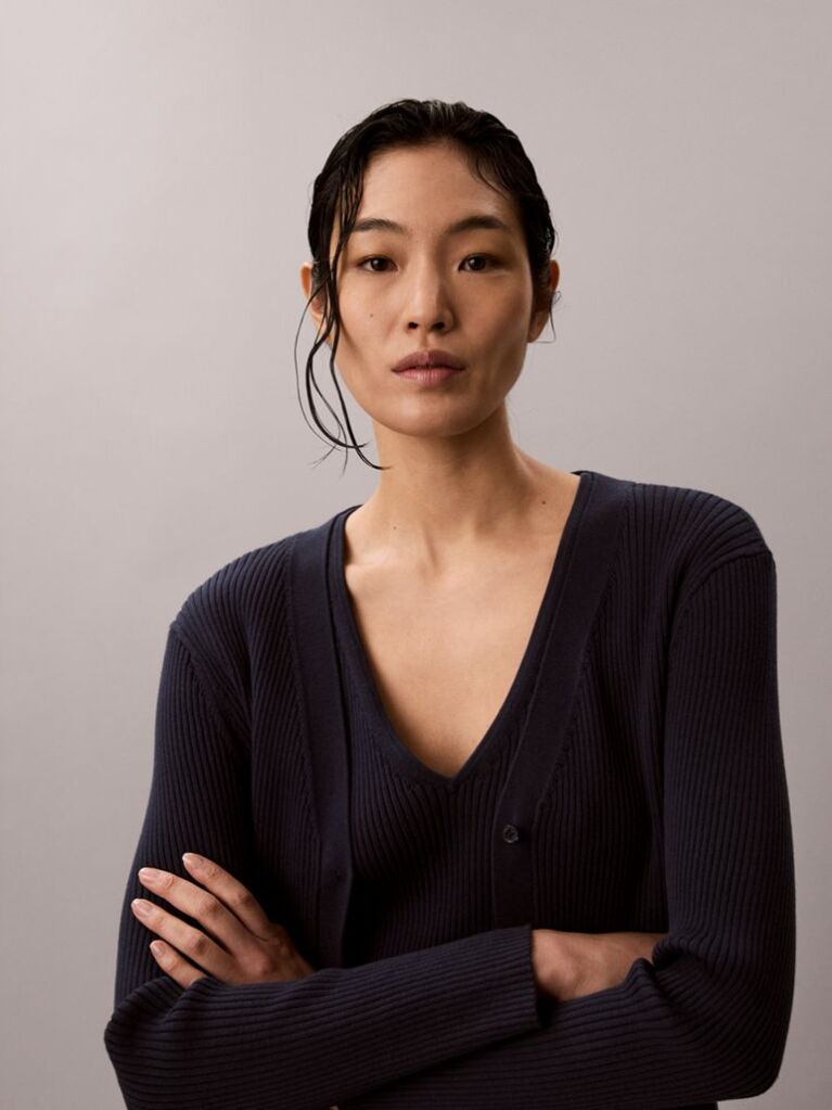 Blue Long Sleeve Cardigan With Ribbed Tank Top Set  Women