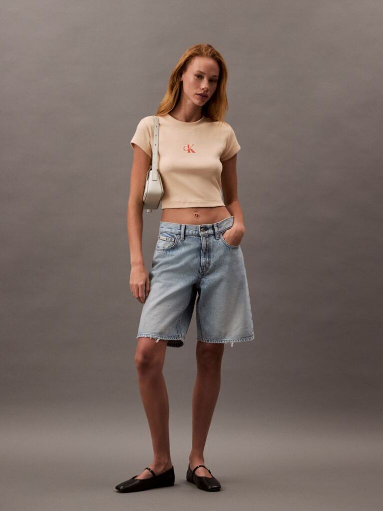 Roz Tricou Slim Cropped Cu Monograma  Femei