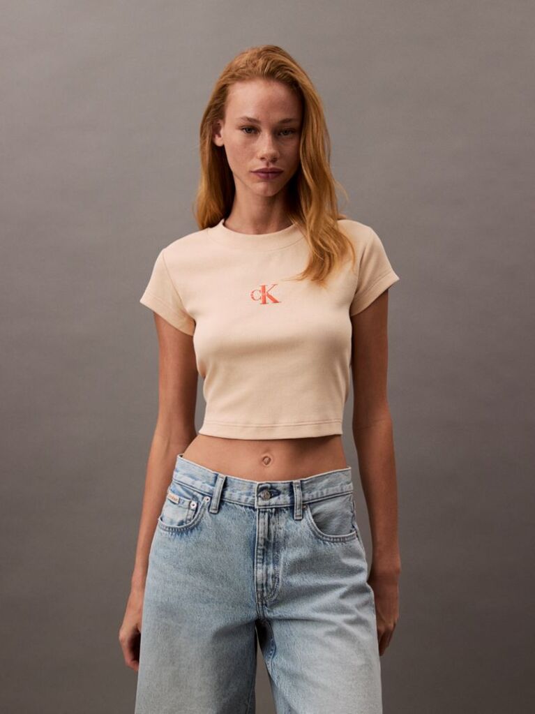 Roz Tricou Slim Cropped Cu Monograma  Femei