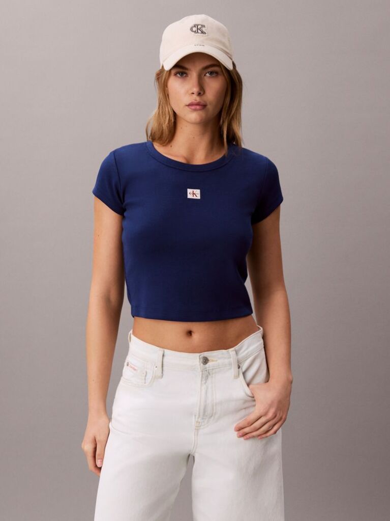Albastru Tricou Slim Din Bumbac Reiat Cu Emblema  Femei