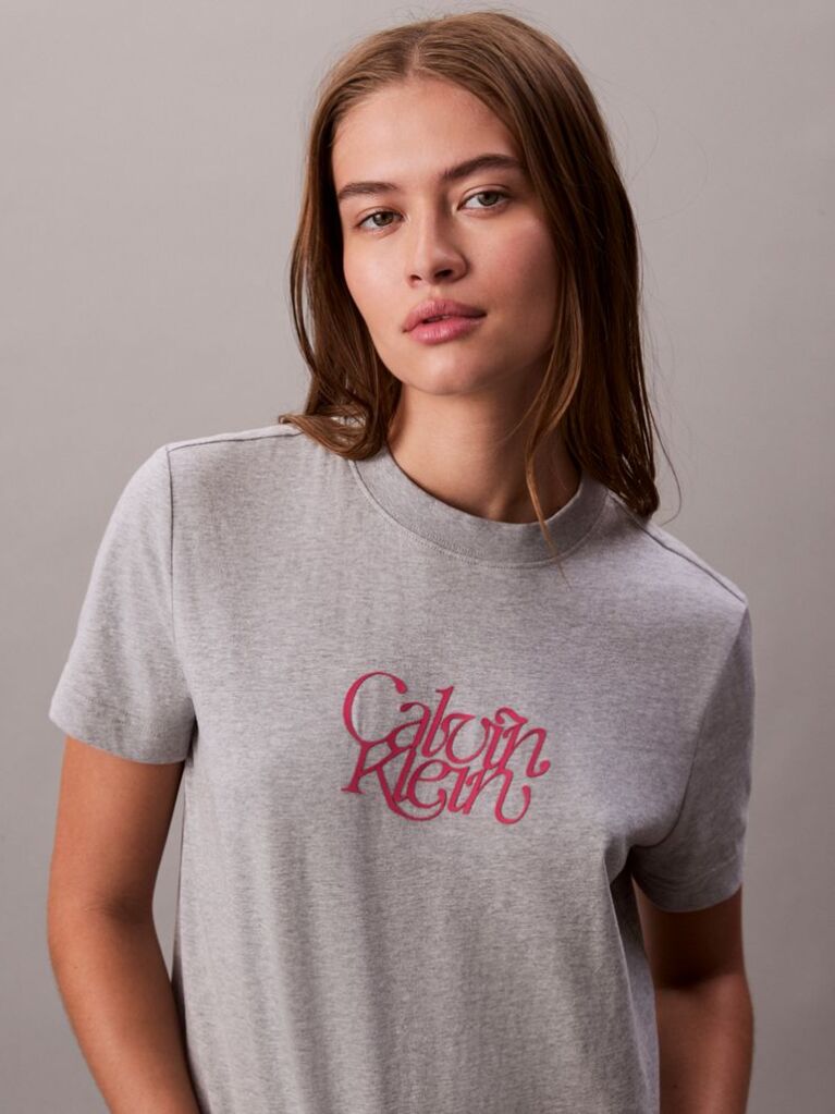 Grey Script Logo Graphic Slim T-Shirt  Women