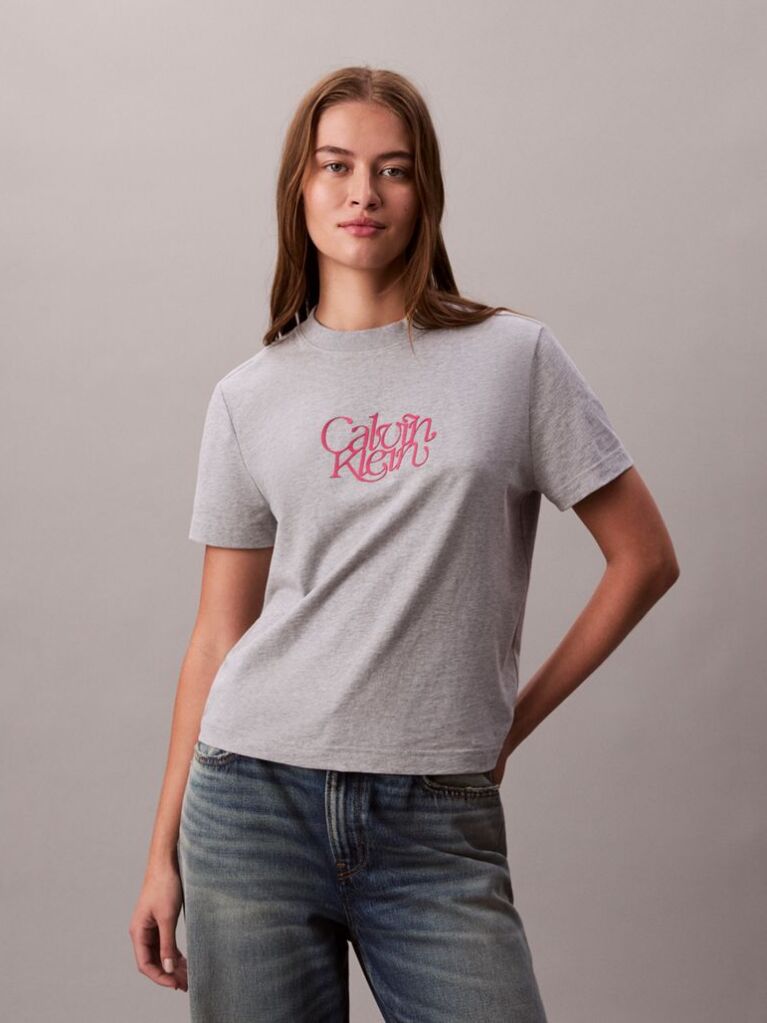 Grey Script Logo Graphic Slim T-Shirt  Women