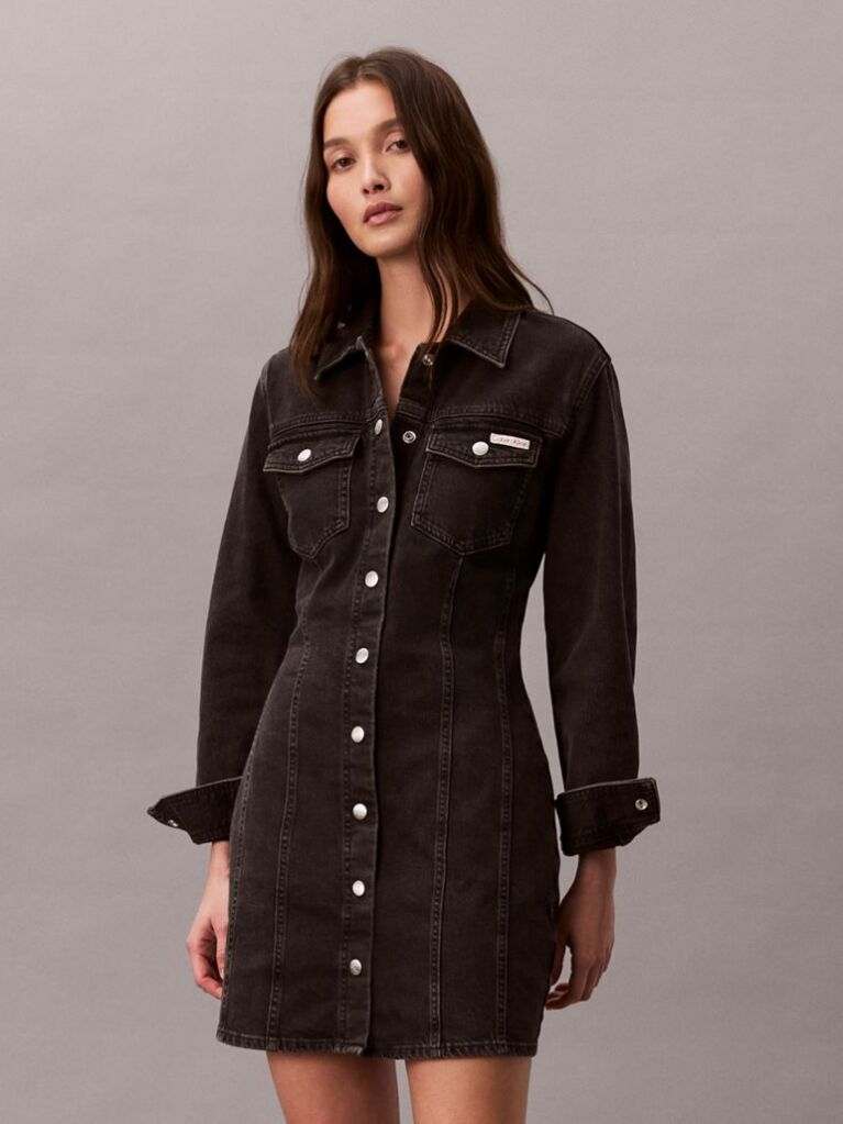 Negru Rochie-Camasa Din Denim  Femei