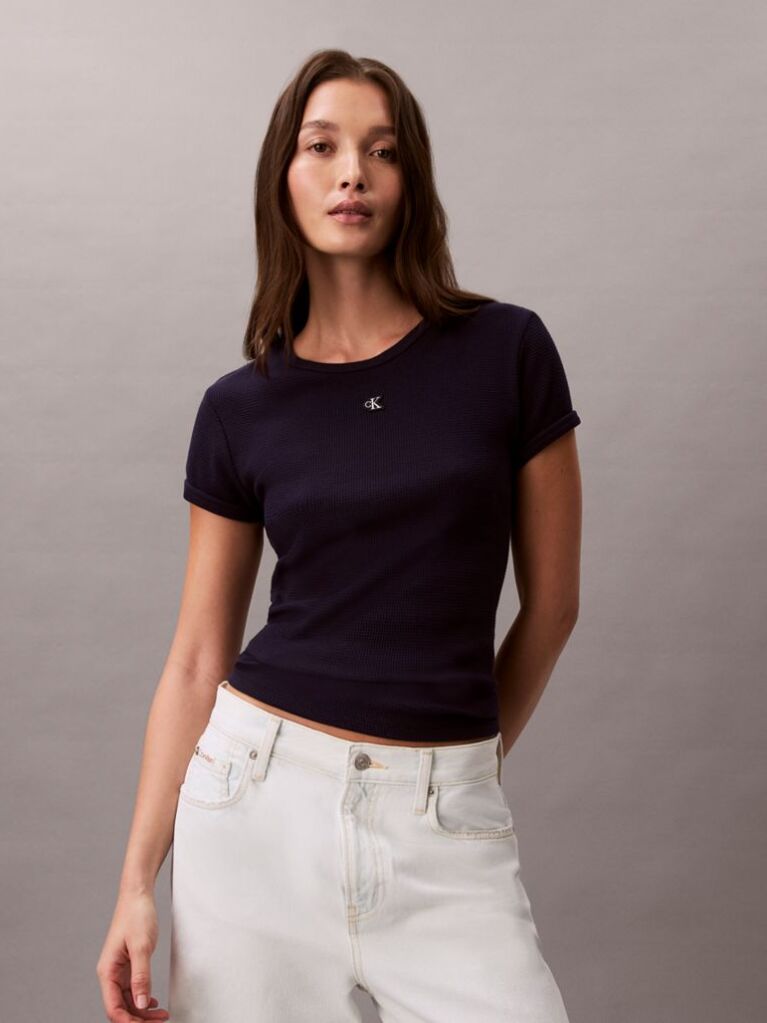 Purple Short Sleeve Monogram Patch Slim Waffle Tee  Women