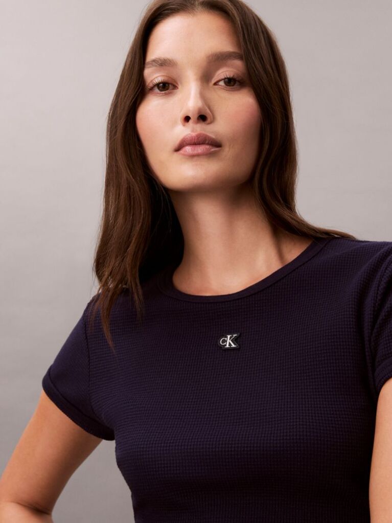 Purple Short Sleeve Monogram Patch Slim Waffle Tee  Women