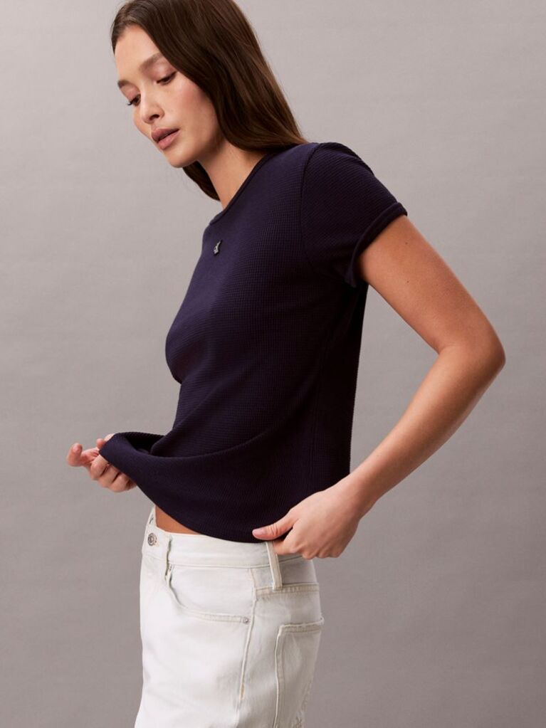 Purple Short Sleeve Monogram Patch Slim Waffle Tee  Women