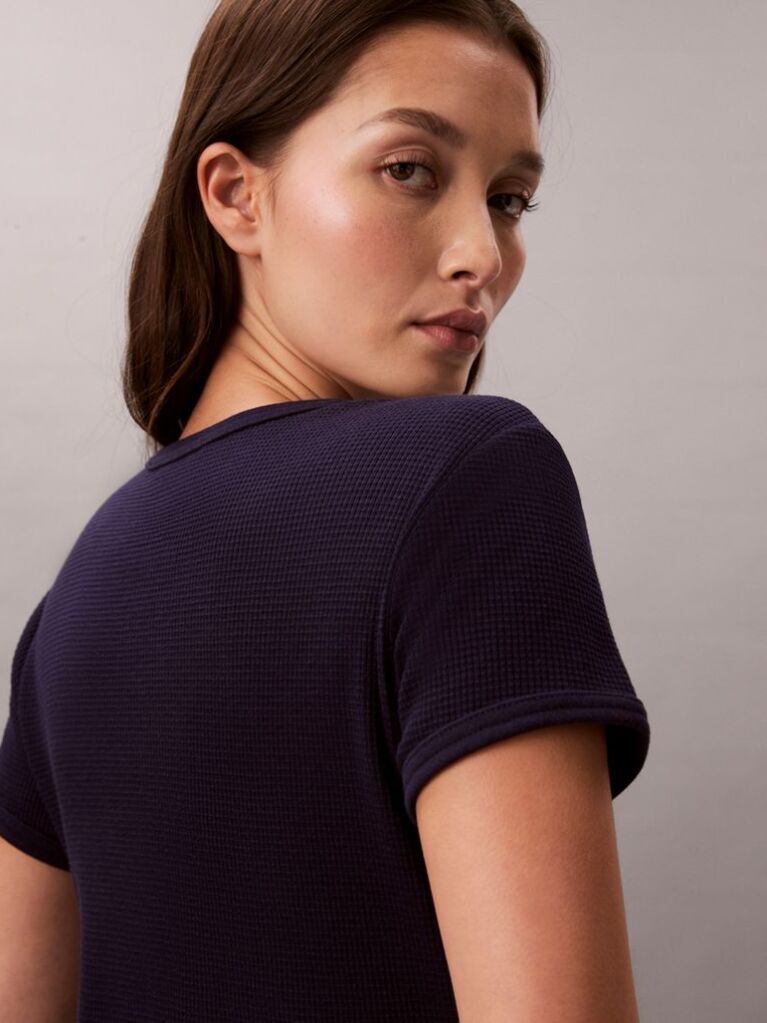 Purple Short Sleeve Monogram Patch Slim Waffle Tee  Women