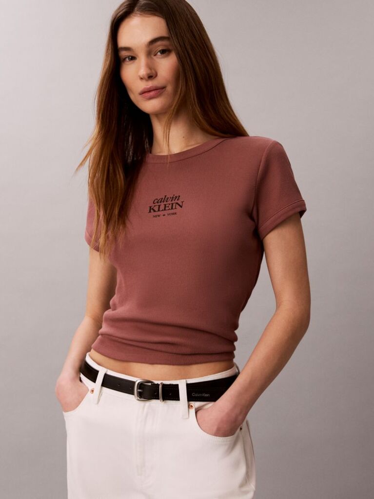 Brown Slim Ribbed Cotton Logo T-shirt  Women