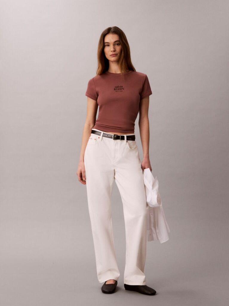 Brown Slim Ribbed Cotton Logo T-shirt  Women