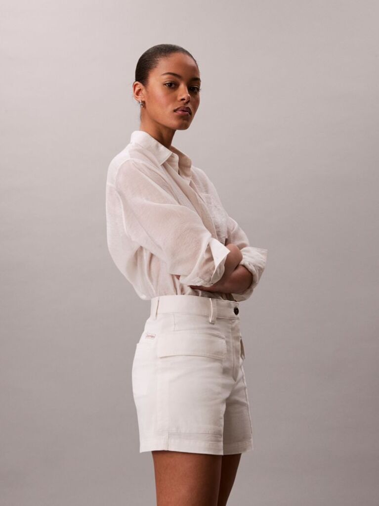 White Cotton Twill Utility Shorts  Women