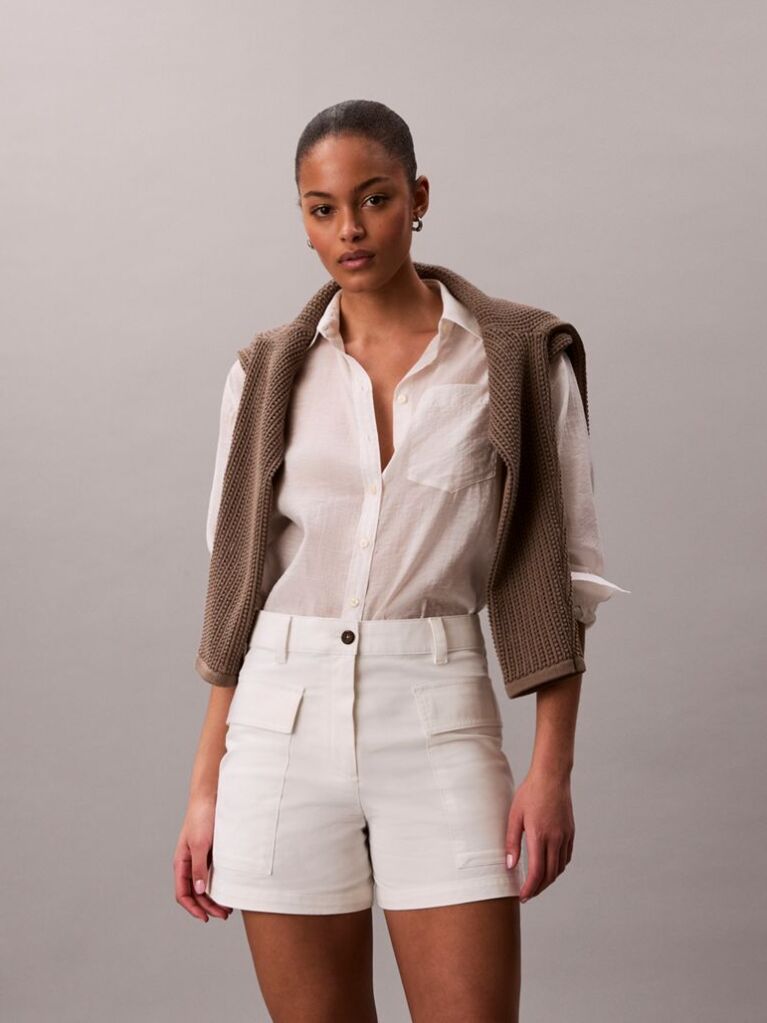White Cotton Twill Utility Shorts  Women