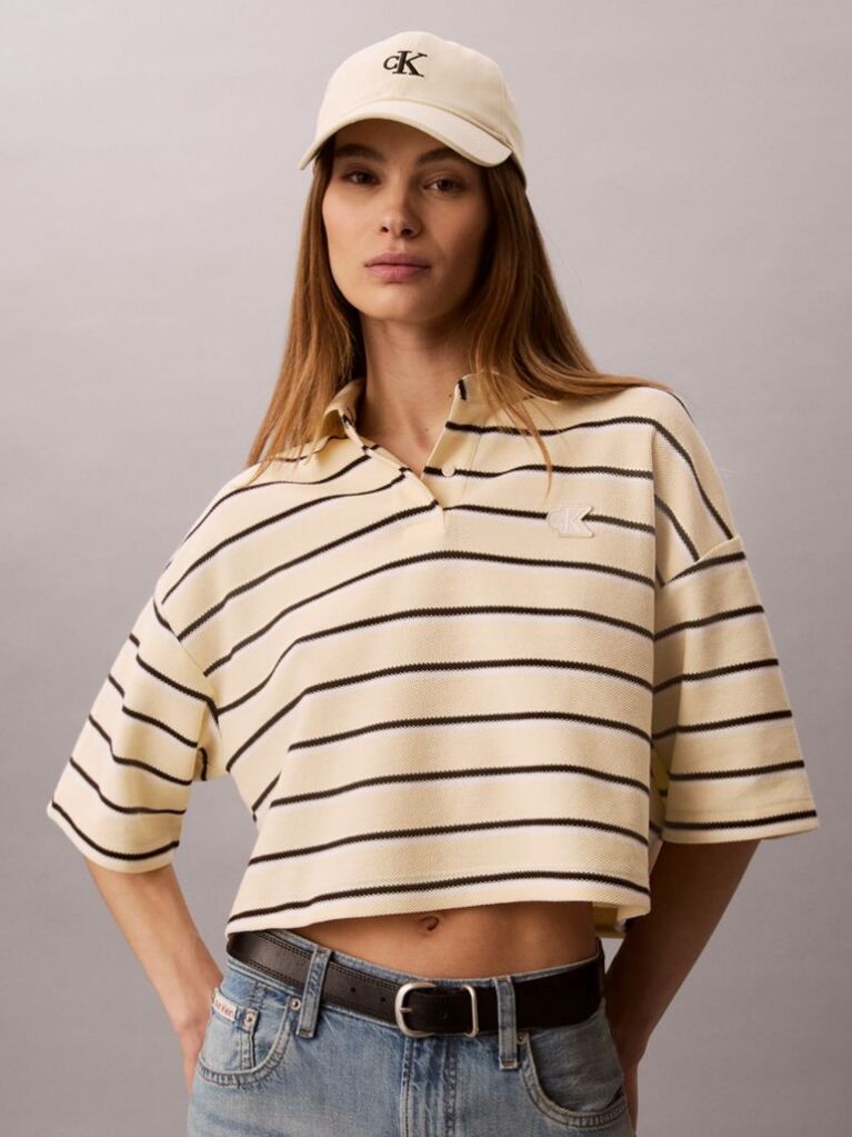 Bej Tricou Polo Scurt Cu Dungi Si Croiala Boxy  Femei