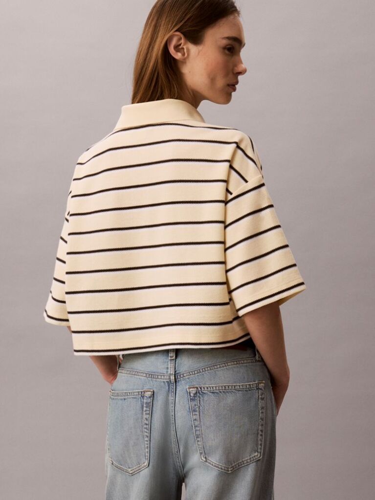 Bej Tricou Polo Scurt Cu Dungi Si Croiala Boxy  Femei