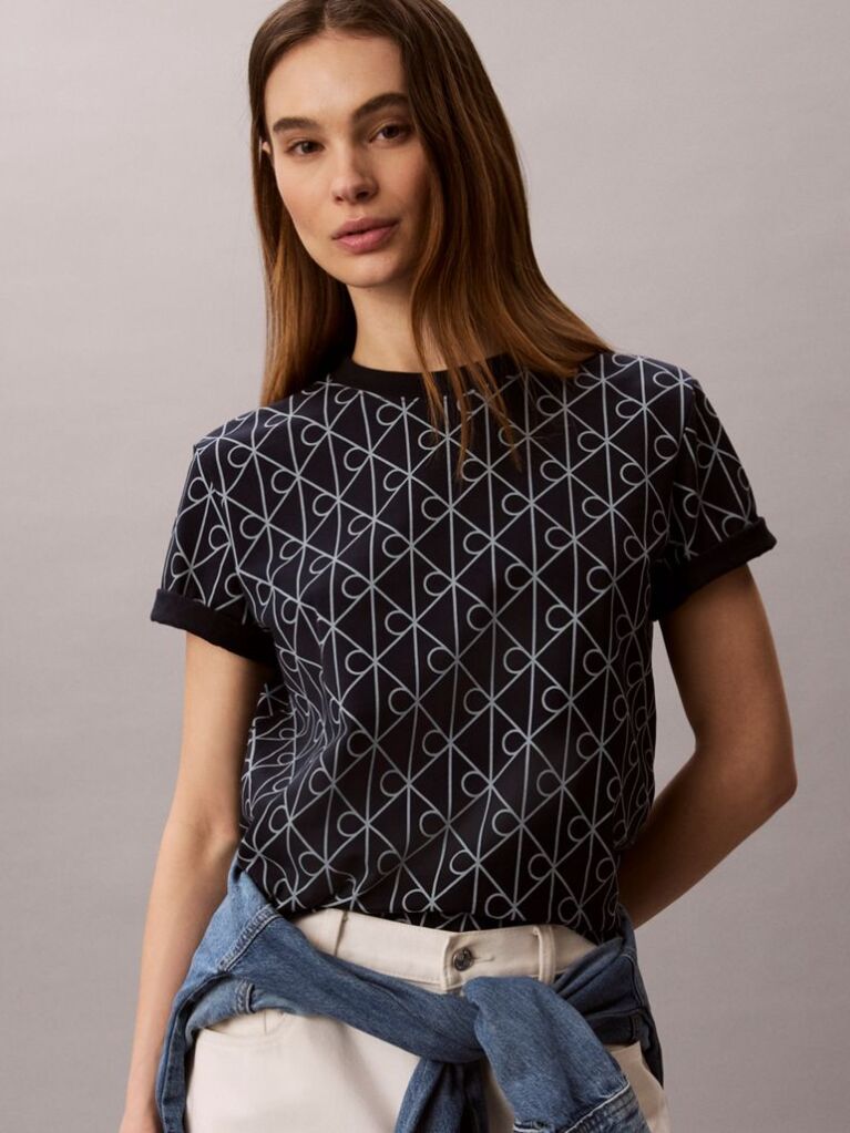 Albastru Tricou Cu Guler Rotund Si Emblema Imprimata  Femei