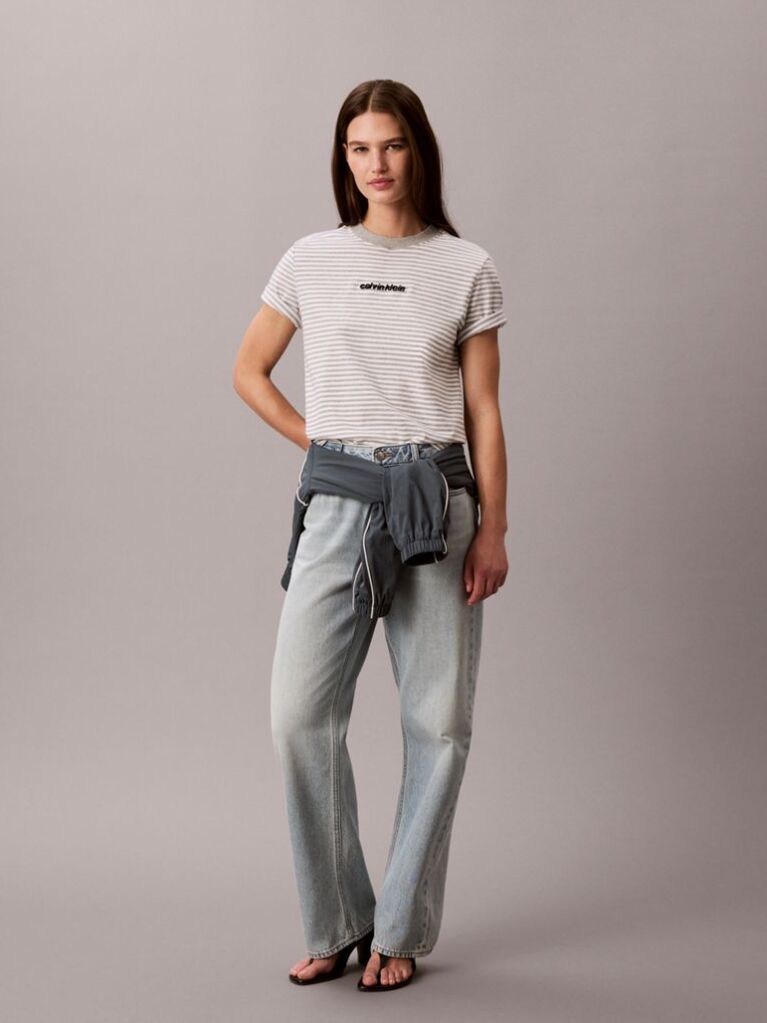 Gri Tricou Cu Guler Rotund In Dungi Si Logo  Femei