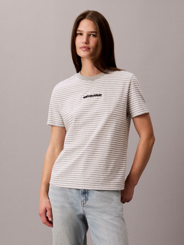 Gri Tricou Cu Guler Rotund In Dungi Si Logo  Femei