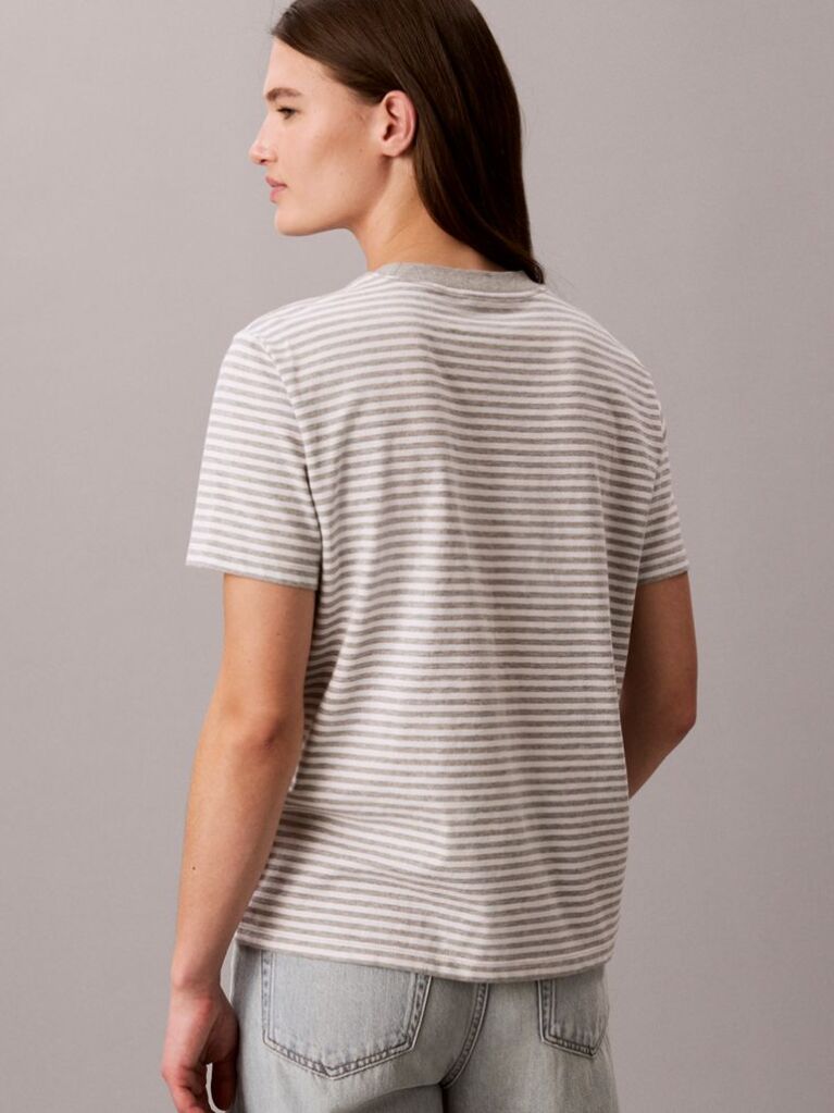 Gri Tricou Cu Guler Rotund In Dungi Si Logo  Femei