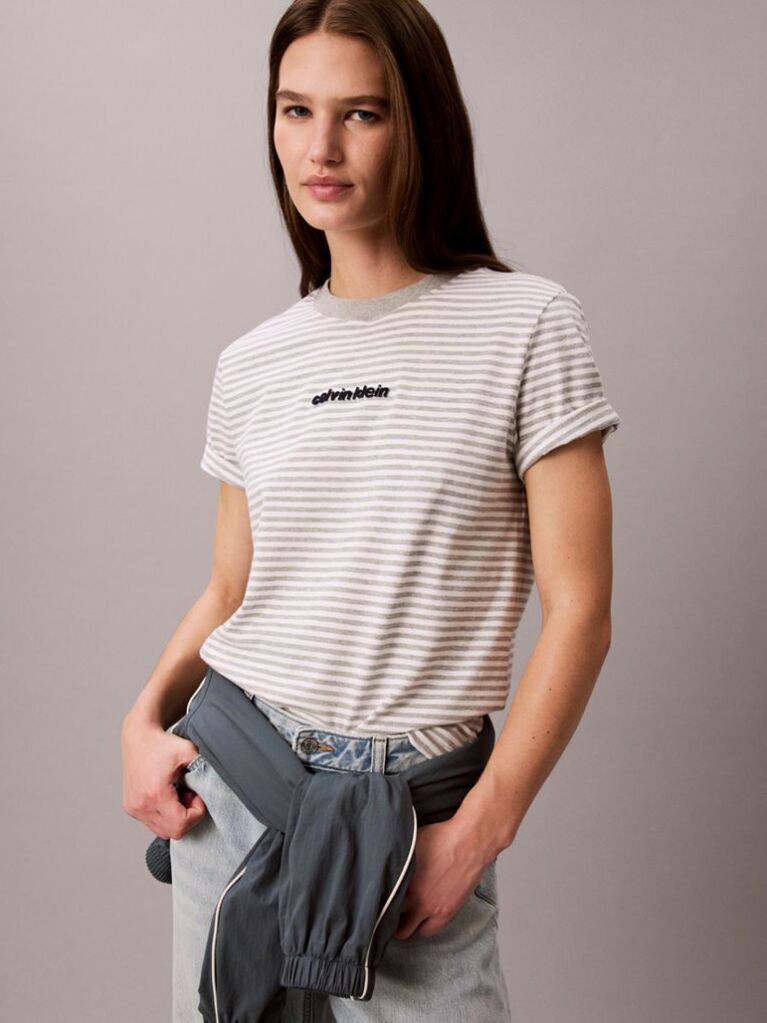 Gri Tricou Cu Guler Rotund In Dungi Si Logo  Femei