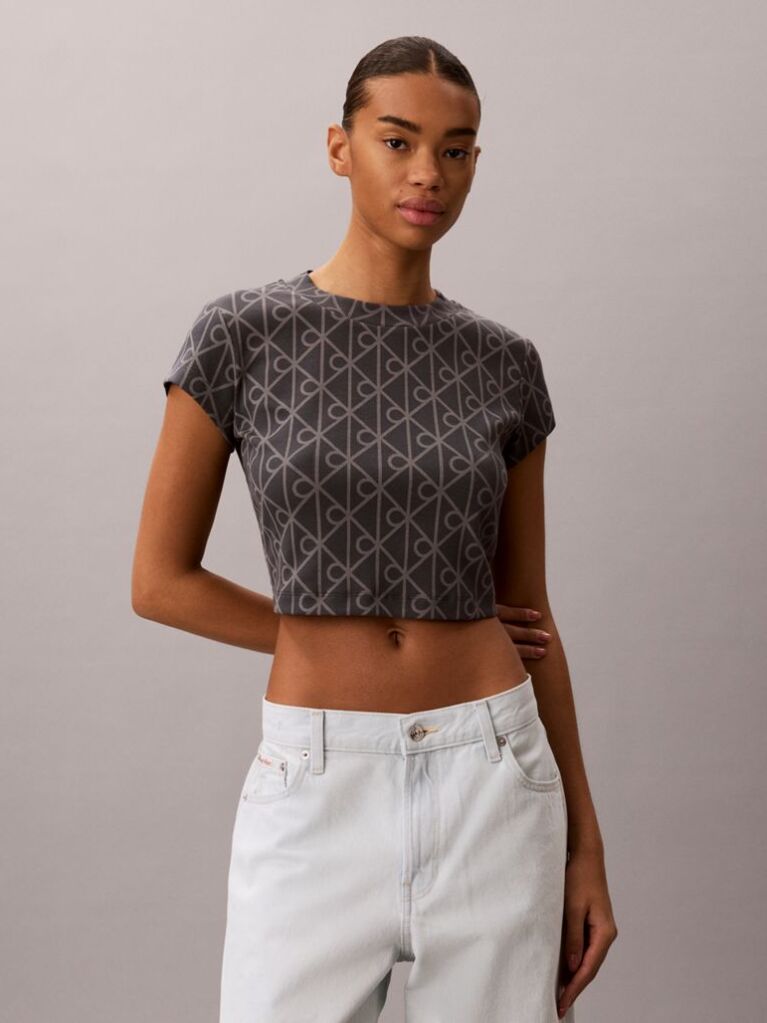 Albastru Tricou Cropped Cu Imprimeu Emblema  Femei