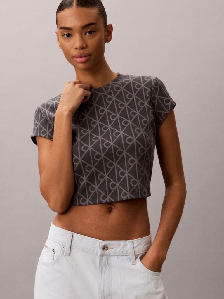 Albastru Tricou Cropped Cu Imprimeu Emblema  Femei