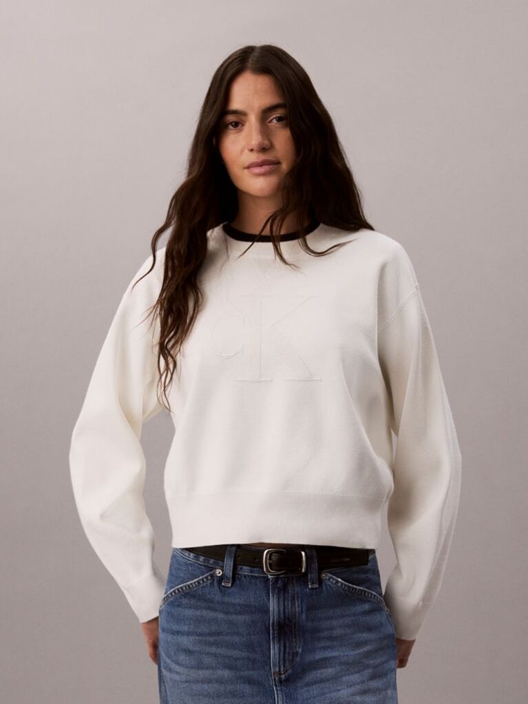 Alb Pulover Din Tricot Texturat Cu Monograma  Femei