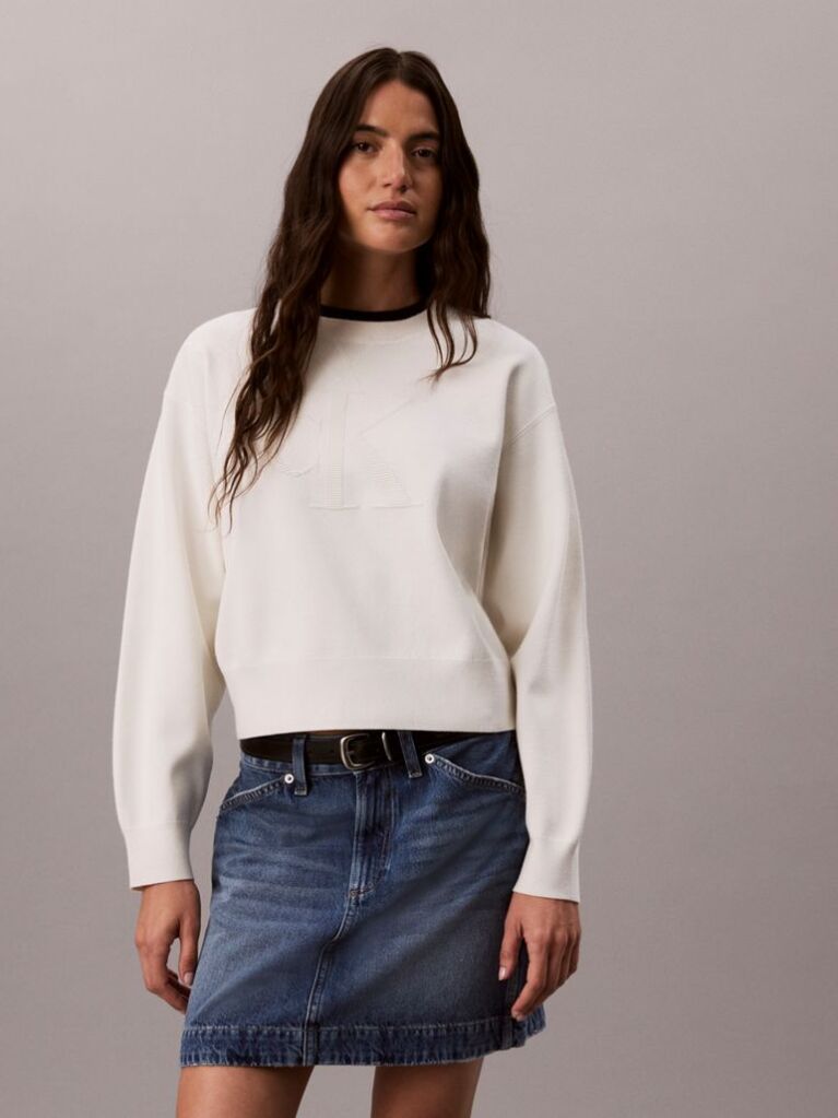 Alb Pulover Din Tricot Texturat Cu Monograma  Femei