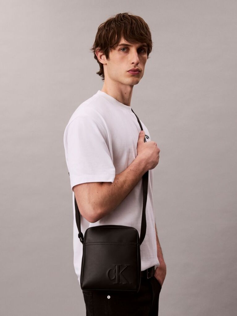 Negru Geanta Tip Reporter Cu Logo Monogram Embosat  Barbati