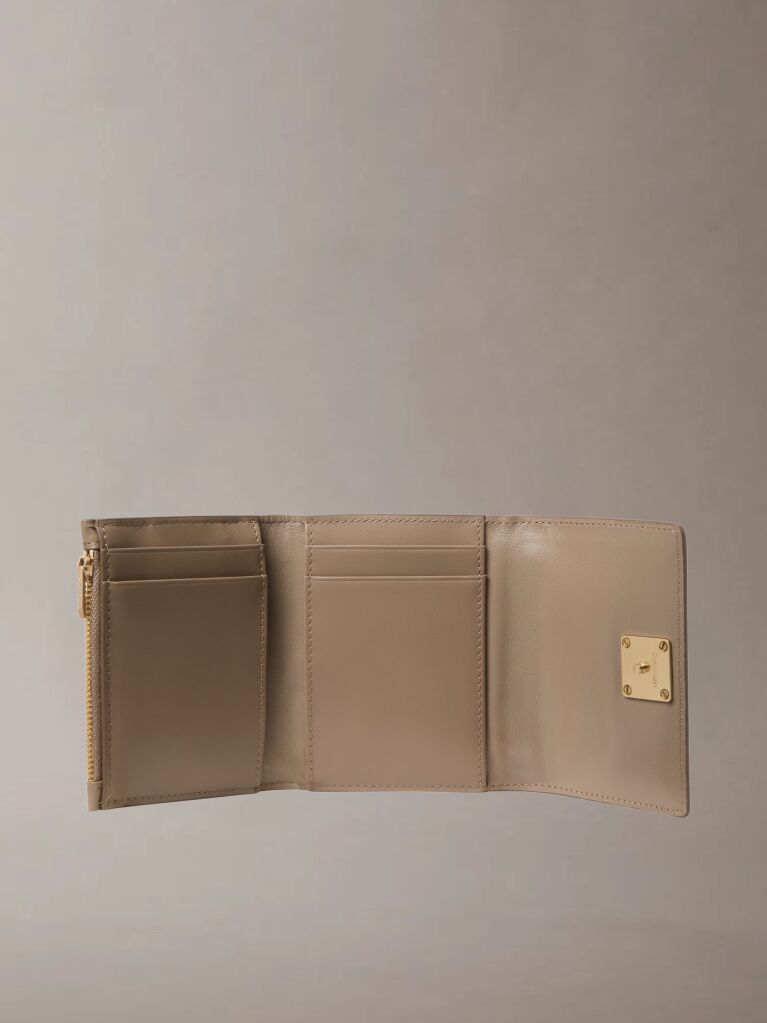 Beige Monogram Logo Emblem Leather Trifold Wallet  Women