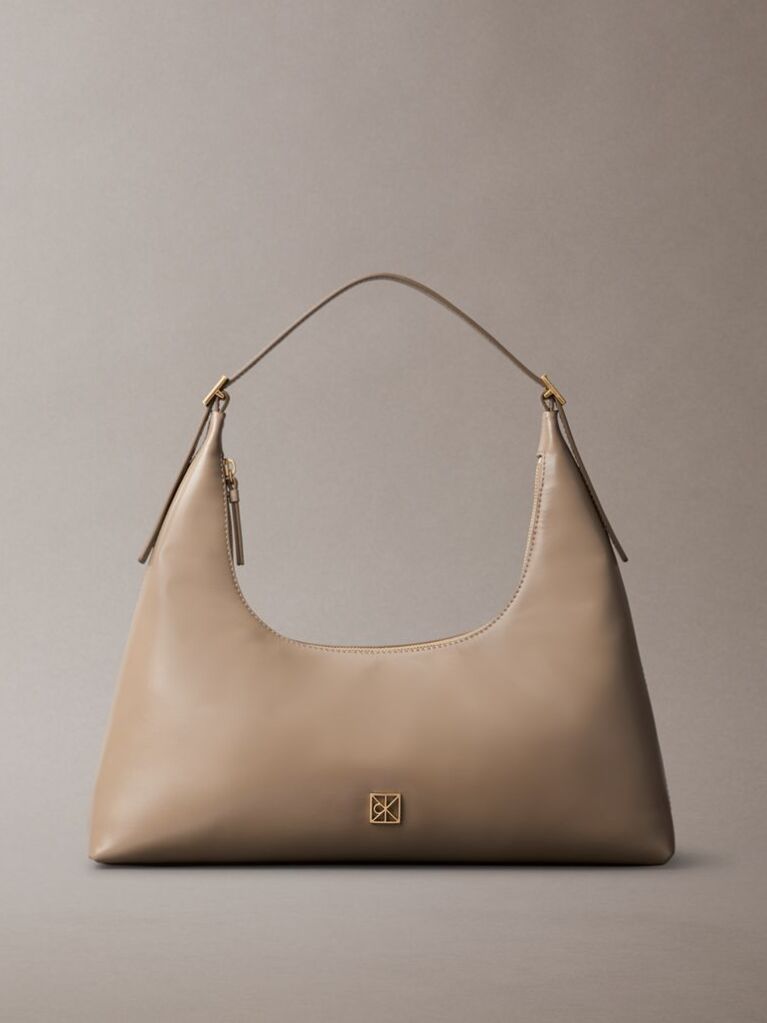 Beige Emblem Logo Smooth Leather Shoulder Bag  Women