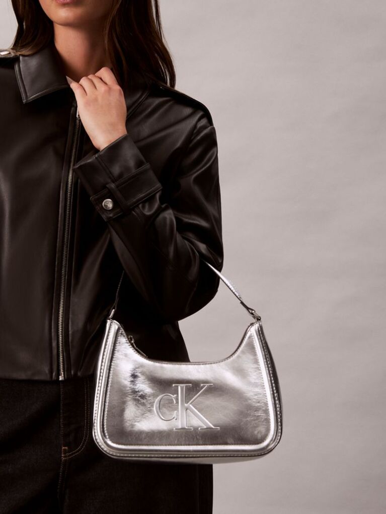 Silver Bold Monogram Metallic Shoulder Bag  Women