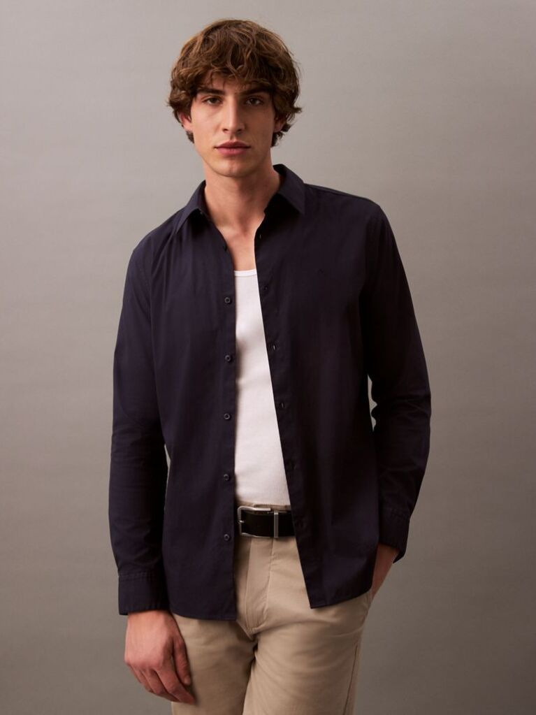 Albastru Camasa Slim Din Material Elastic Cu Nasturi  Barbati